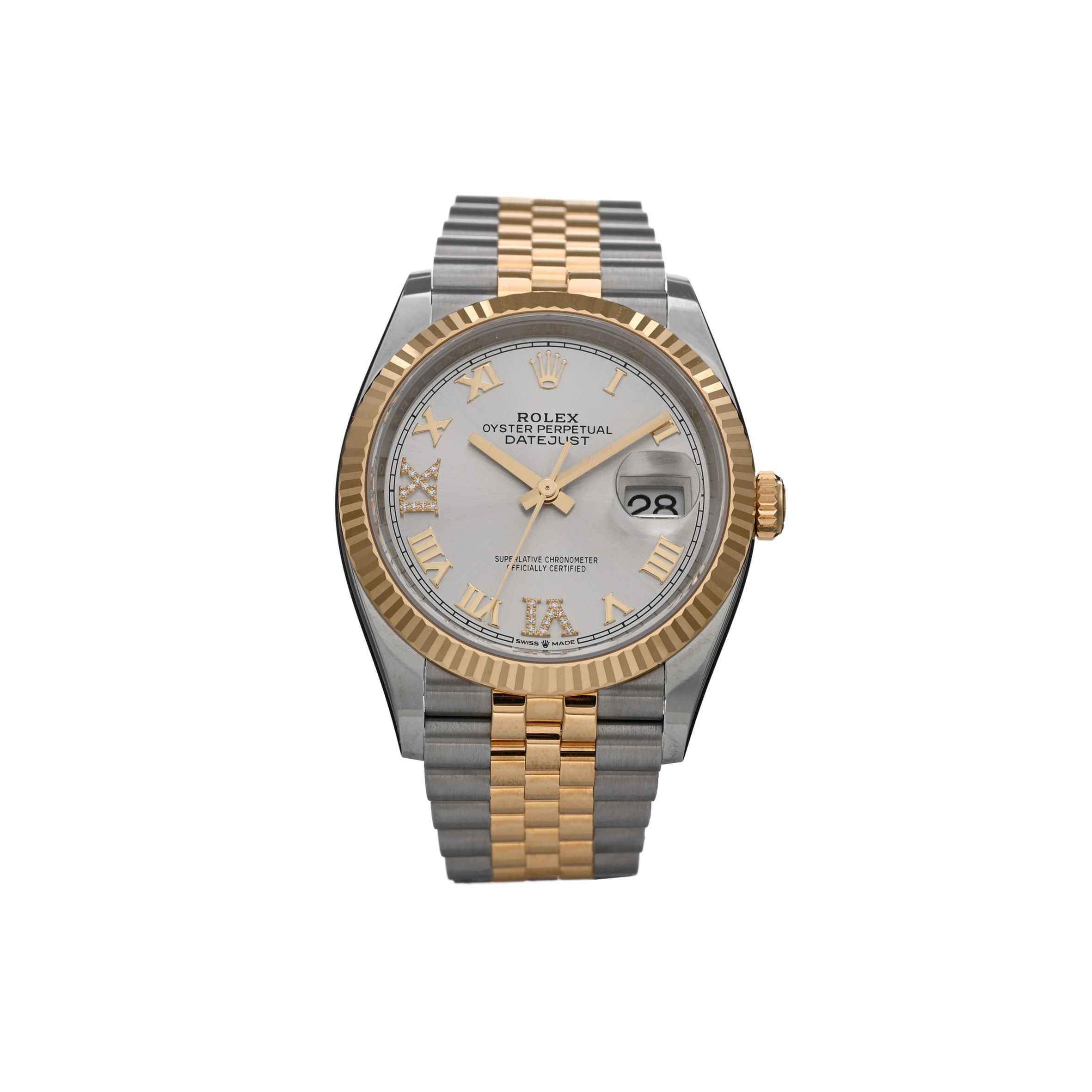 r*l*x stainless steel 18k yellow gold Di*m*nd 36mm oyster perpetual datejust watch silver roman 126233