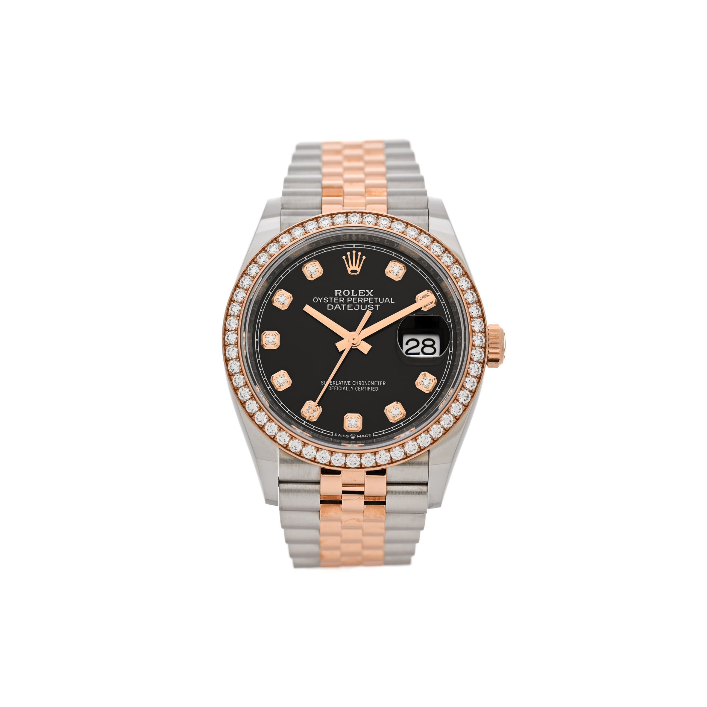 r*l*x stainless steel 18k everose gold Di*m*nd bezel 36mm oyster perpetual datejust watch black 126281rbr