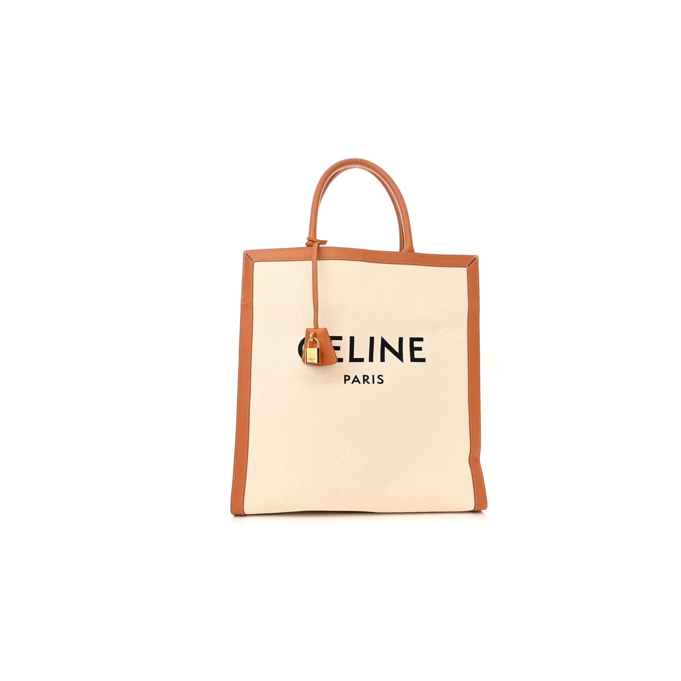 Ce**e canvas calfskin logo print vertical cabas natural tan (39*36*9cm)