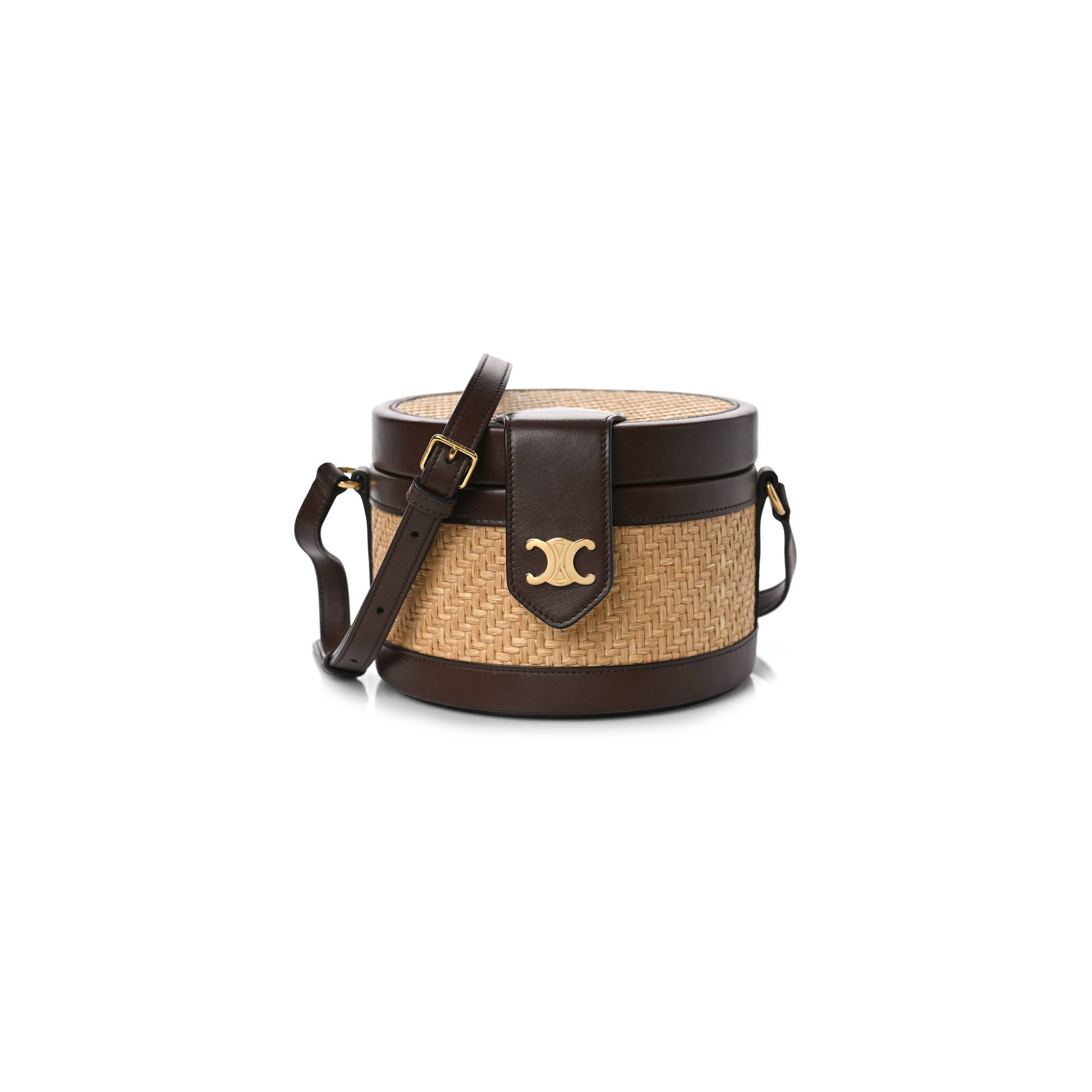 Ce**e raffia calfskin triomphe medium tambour bag natural (18*18*12cm)