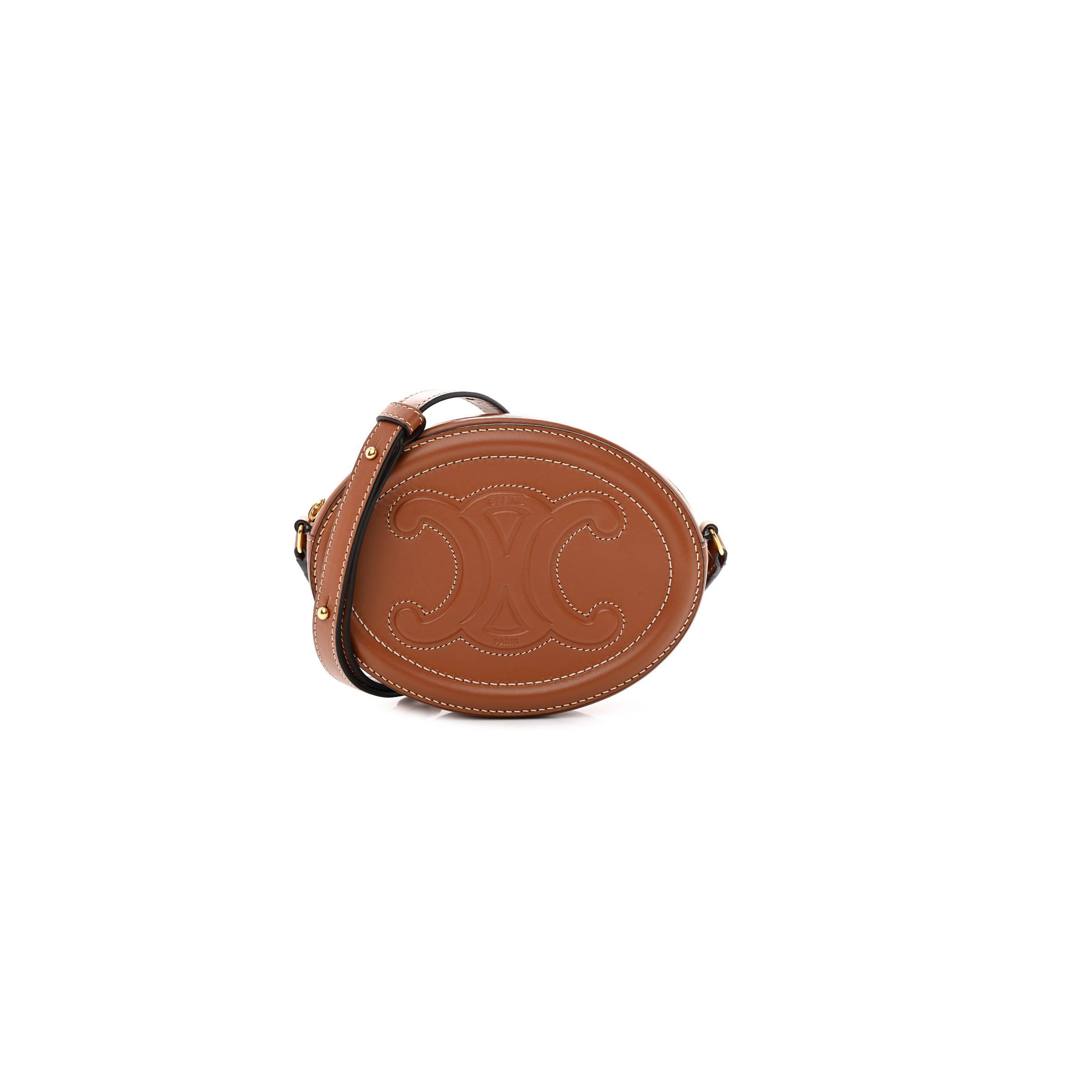 Ce**e smooth calfskin cuir triomphe oval crossbody purse tan (16*12*4cm)
