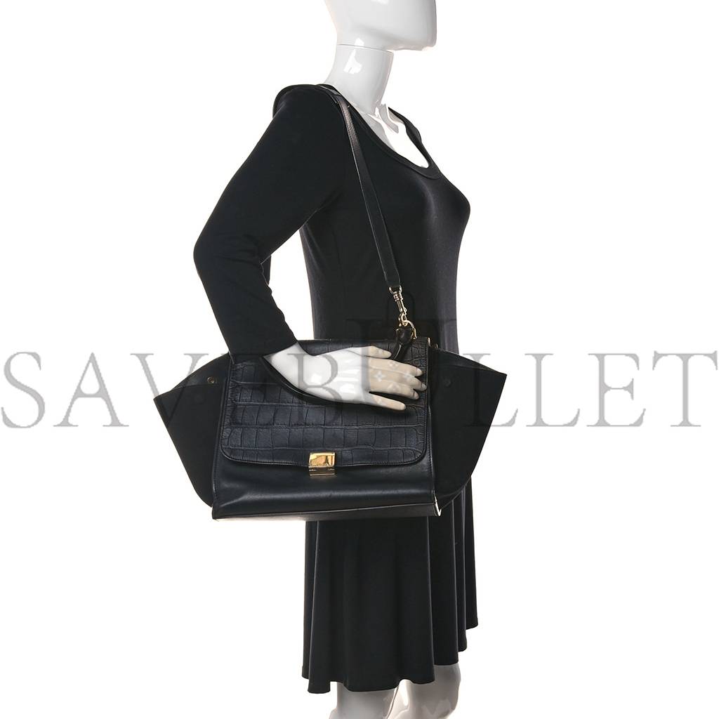 Ce**e crocodile embossed calfskin suede medium trapeze black (30*25*18cm)