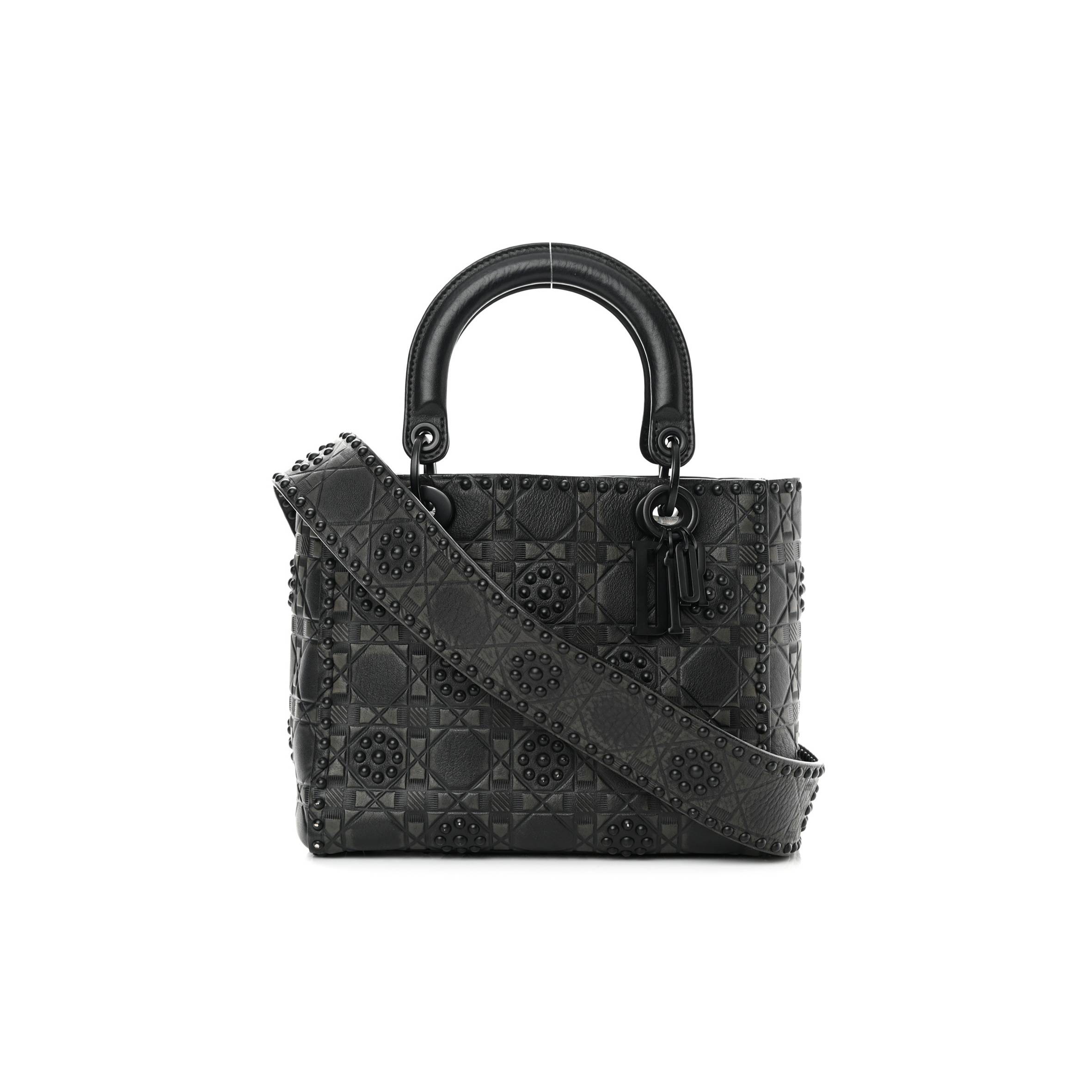 d*or calfskin cannage embossed studded medium S*pple lady d*or black (24*20*12.1cm)