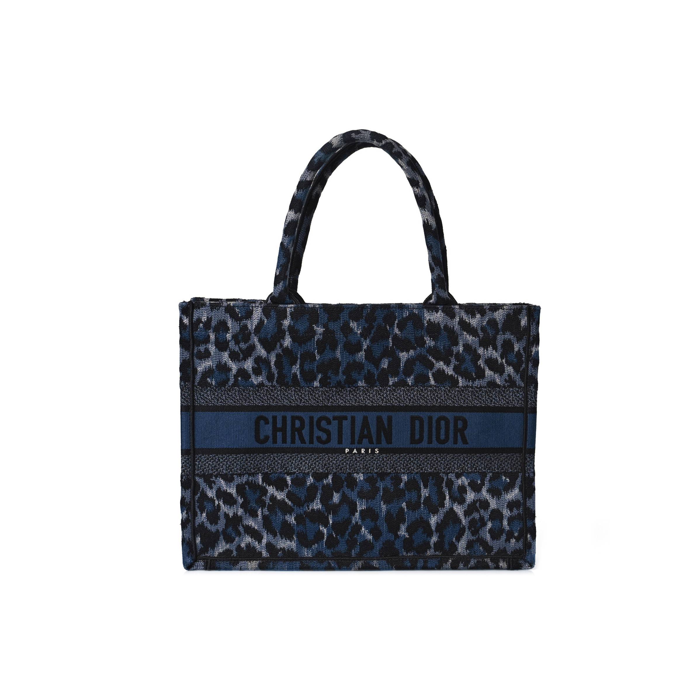 D*or canvas mizza embroidered medium leopard book tote blue (36*26*15.9cm)