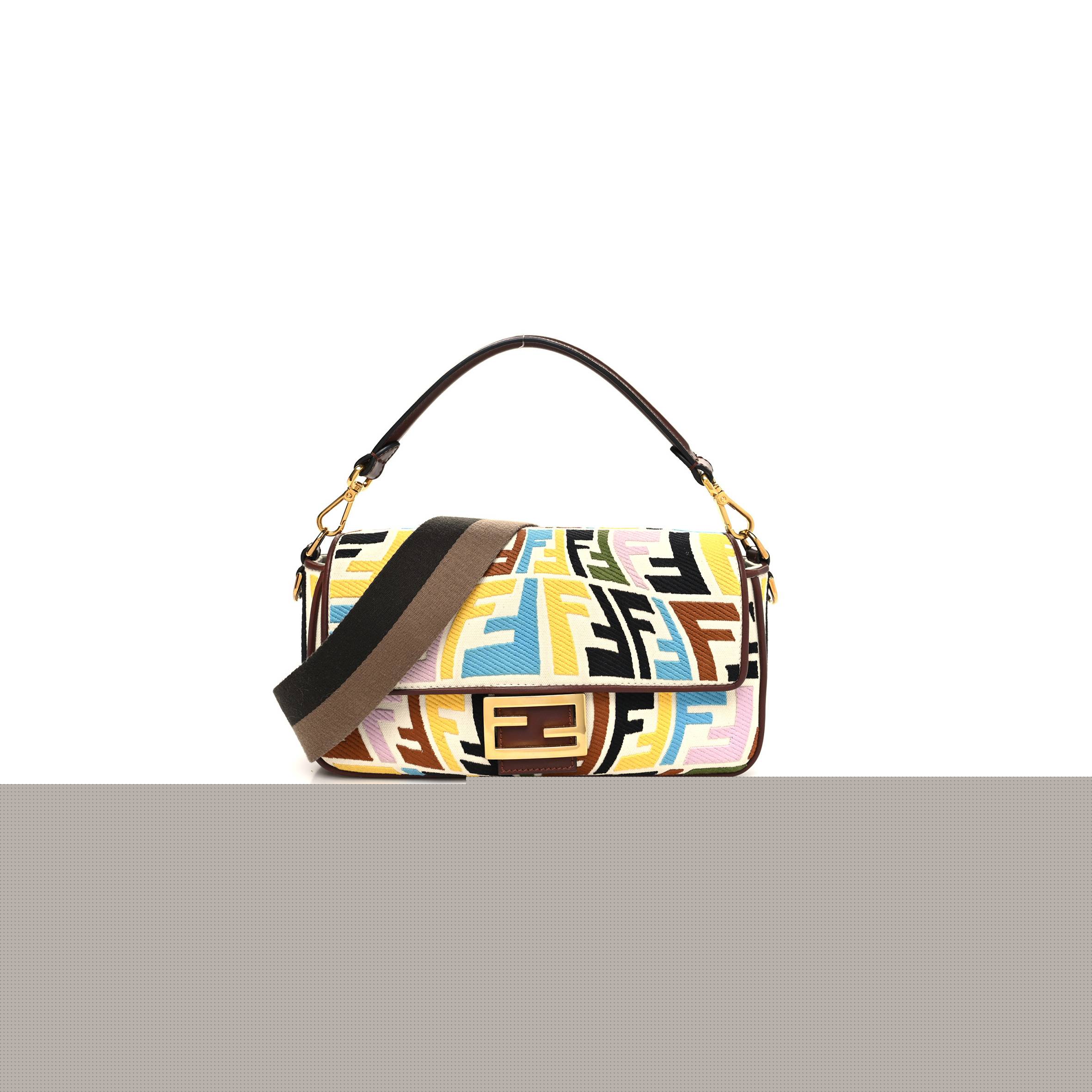 F**di x sara coleman canvas vitello king seta ff fish eye embroidered baguette grezzo multicolor ghianda (28*15*8cm)