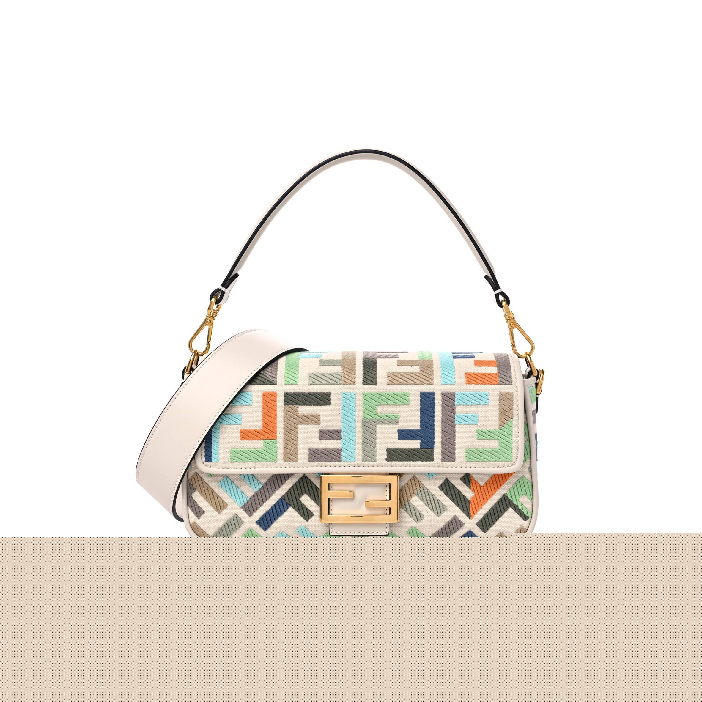 F**di kuban canvas vitello king ff embroidered baguette latte multicolor (27*13*6cm)